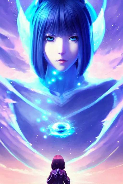 Image similar to blue dressed summoner girl fighting against outer gods with their creatures. floating planets on the background, box office hit, fantasy and cosmic horror movie, unreal engine, intricate, highly detailed 8 k, ambient occlusion, extremely beautiful and aesthetic shape of face and body, art by hiroaki samura and ilya kuvshinov and rossdraws