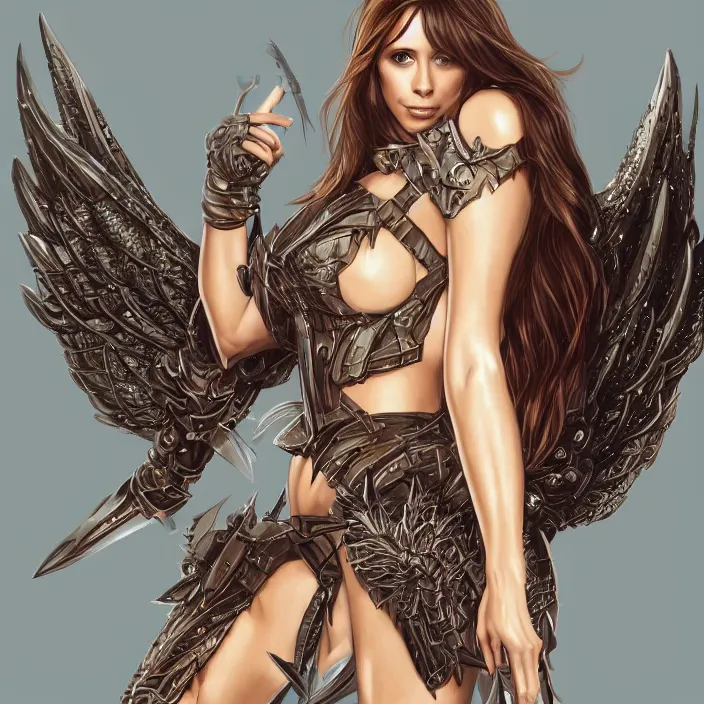 Prompt: jennifer love hewitt is a female angel with a shinny armour and big wings, d & d, fantasy, highly detailed, digital art, artstation, smooth, sharp focus, fantasy illustration, art by peter tang and artgem and alina ivanchenko and hirokazu yokohara and kago shintaro