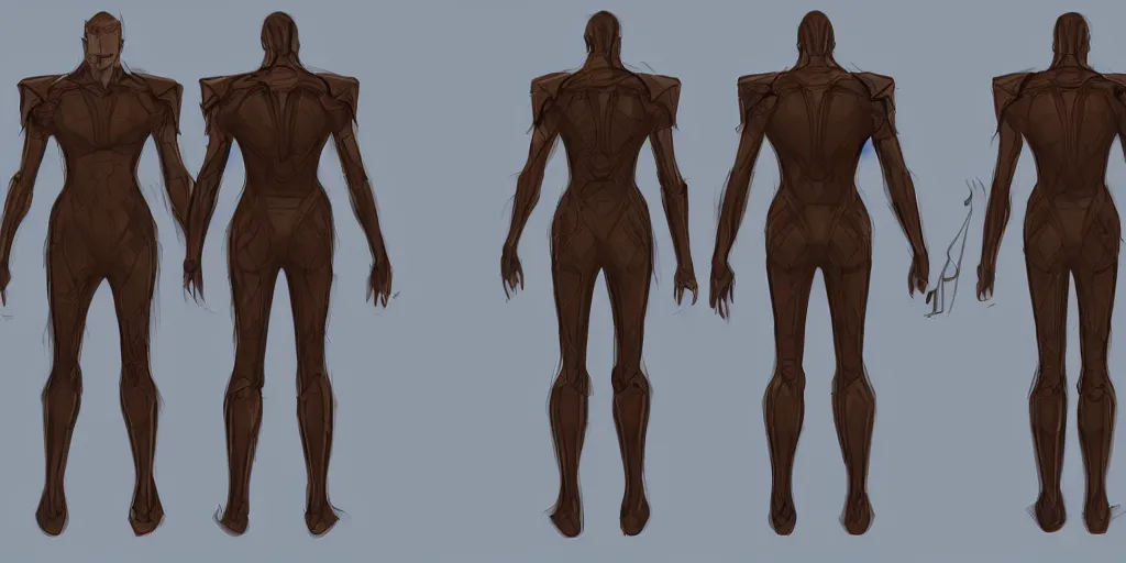 Image similar to male, science fiction suit, character sheet, concept art, stylized, large shoulders, large torso, long thin legs, concept design