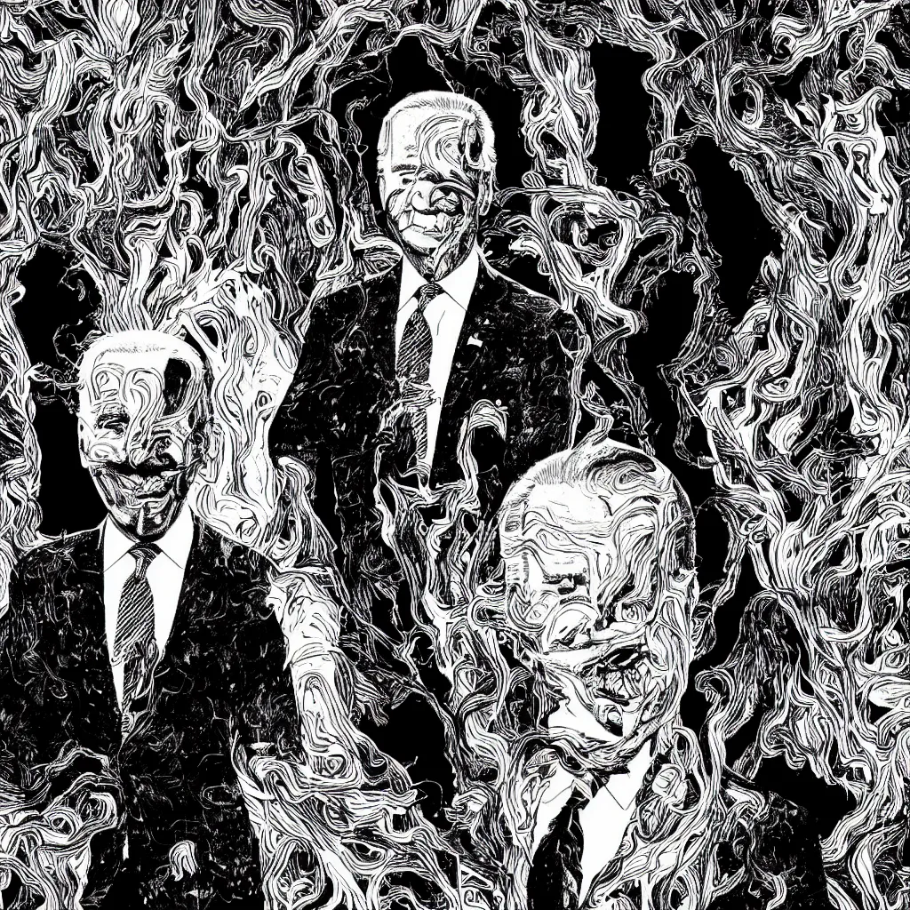 Image similar to Joe Biden full body portrait, body horror, black and white Illustration by Junji Ito