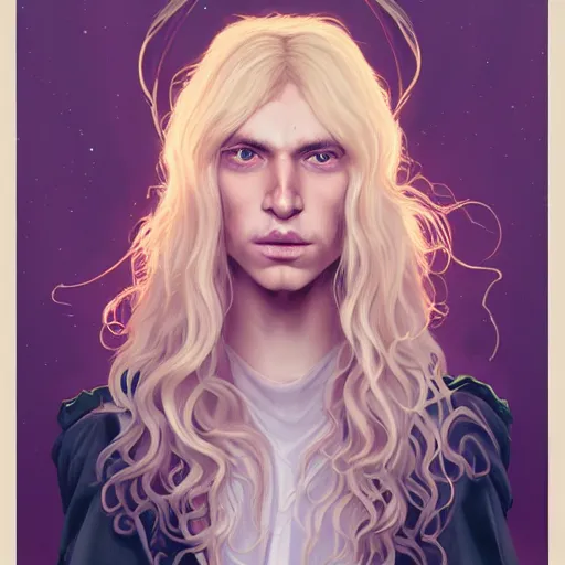 Prompt: a portrait of a beautiful androgynous blond man, germanic pale white skin and long fluffy curly blond hair, sharp lavender eyes, Center parted curtain bangs, close up view, head and upper body, looking upward, fullface, light from above, by Peter Mohrbacher, trending on artstation, 8k
