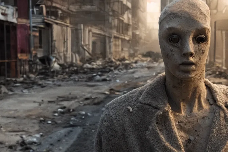 Image similar to vfx movie scene dilapidated mannequin in post apocalyptic street, natural evening light closeup by emmanuel lubezki