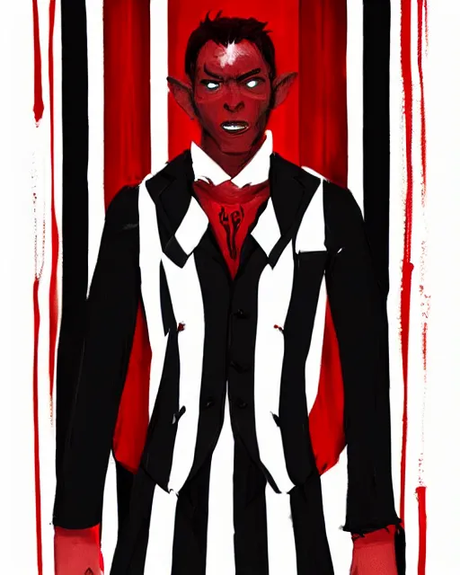 Image similar to Medium shot of Red Imp + White black striped horns + Formal outfit, in the style of greg rutkowski