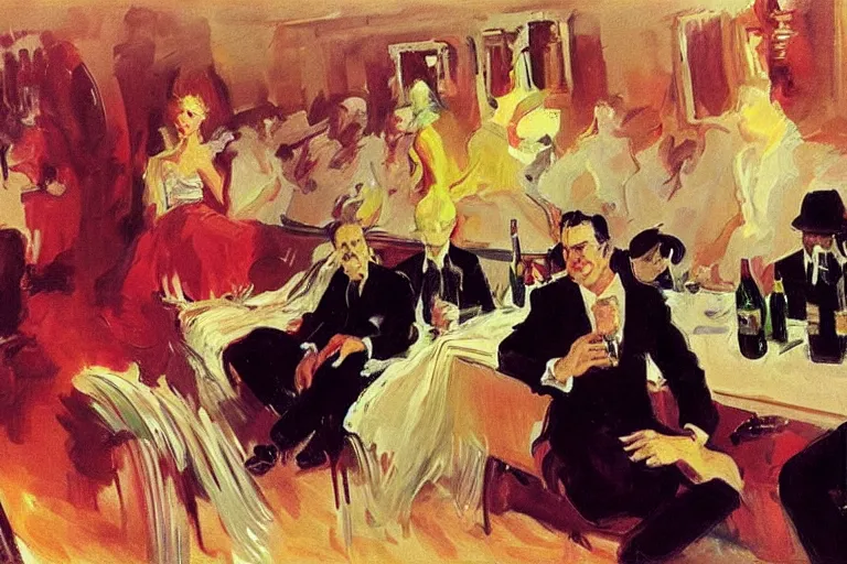 Prompt: glam rockers drinking brutal wine, inside a green room with red lights by joaquin sorolla, syd mead, extremely detailed