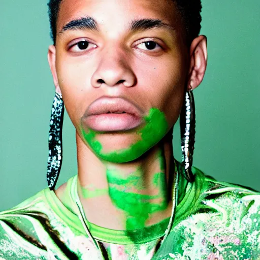 Prompt: realistic photoshooting for a new balenciaga lookbook, color film photography, portrait of a beautiful woman, model has streaks of bright green paint splashed across the side of her face, in style of tyler mitchell, 3 5 mm,