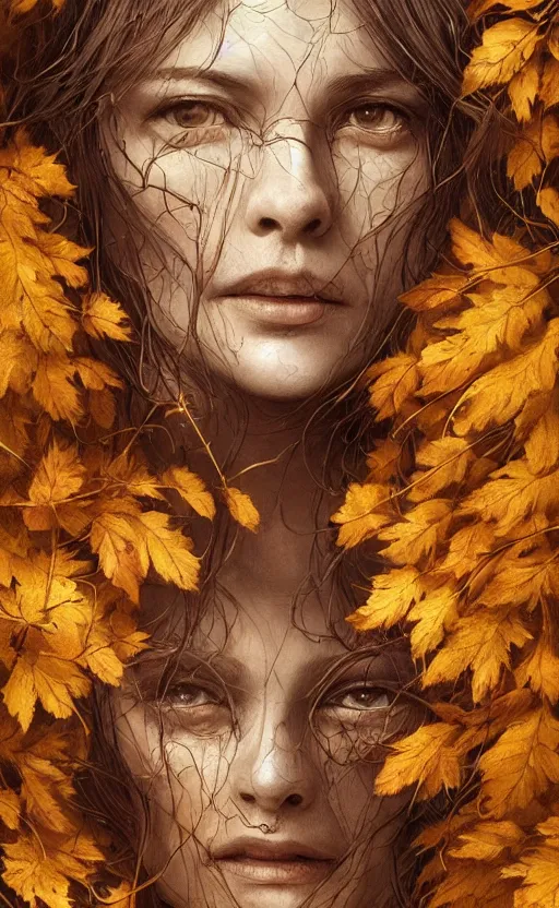 Image similar to golden leaves at frame border, creative!!! composition for a book cover!!!, absurdly beautiful, ultrafine hyperrealistic detailed old witch face by wlop and artgerm and greg rutkowski, intricate linework, sharp focus, smooth, octopath traveler, final fantasy, unreal engine, dramatic lighting, ethereal, 8 k