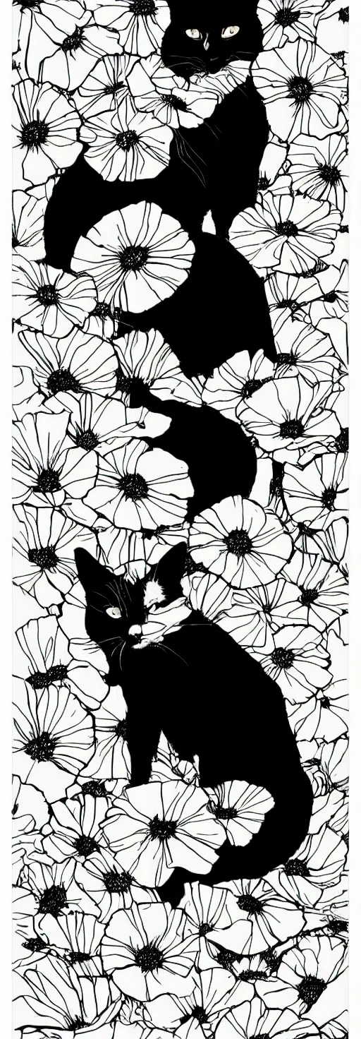 Prompt: black and white minimalist risograph poster of a stripped cat sitting in california poppies