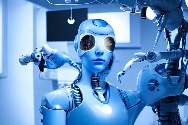 Image similar to promotional image from a sci - fi movie, a cyborg girl on the operation table in a dark dystopian lab, soft blue light, a cyborg surgeon robot, medical equipment, 8 k, cinematic, very detailed face, movie still frame, promotional image, imax 7 0 mm footage