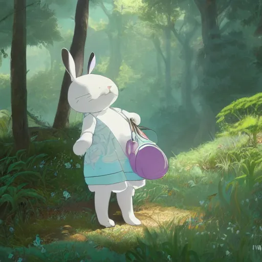 Image similar to concept art painting of a chubby white rabbit wearing a turquoise dress, in the deep forest, realistic, detailed, cel shaded, in the style of makoto shinkai and greg rutkowski and james gurney