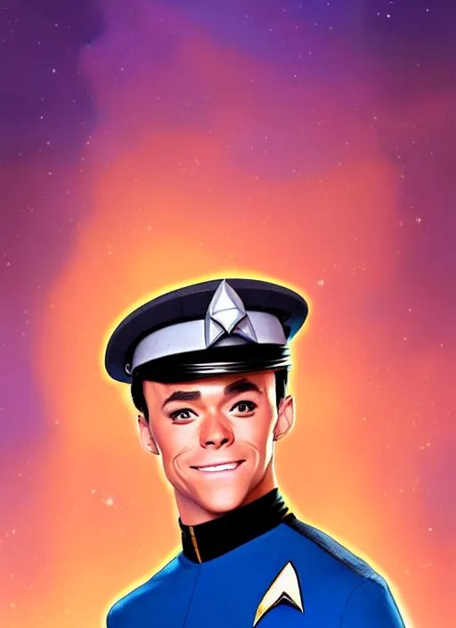 Image similar to cute star trek officer tom daley, natural lighting, path traced, highly detailed, high quality, digital painting, by don bluth and ross tran and studio ghibli and alphonse mucha, artgerm