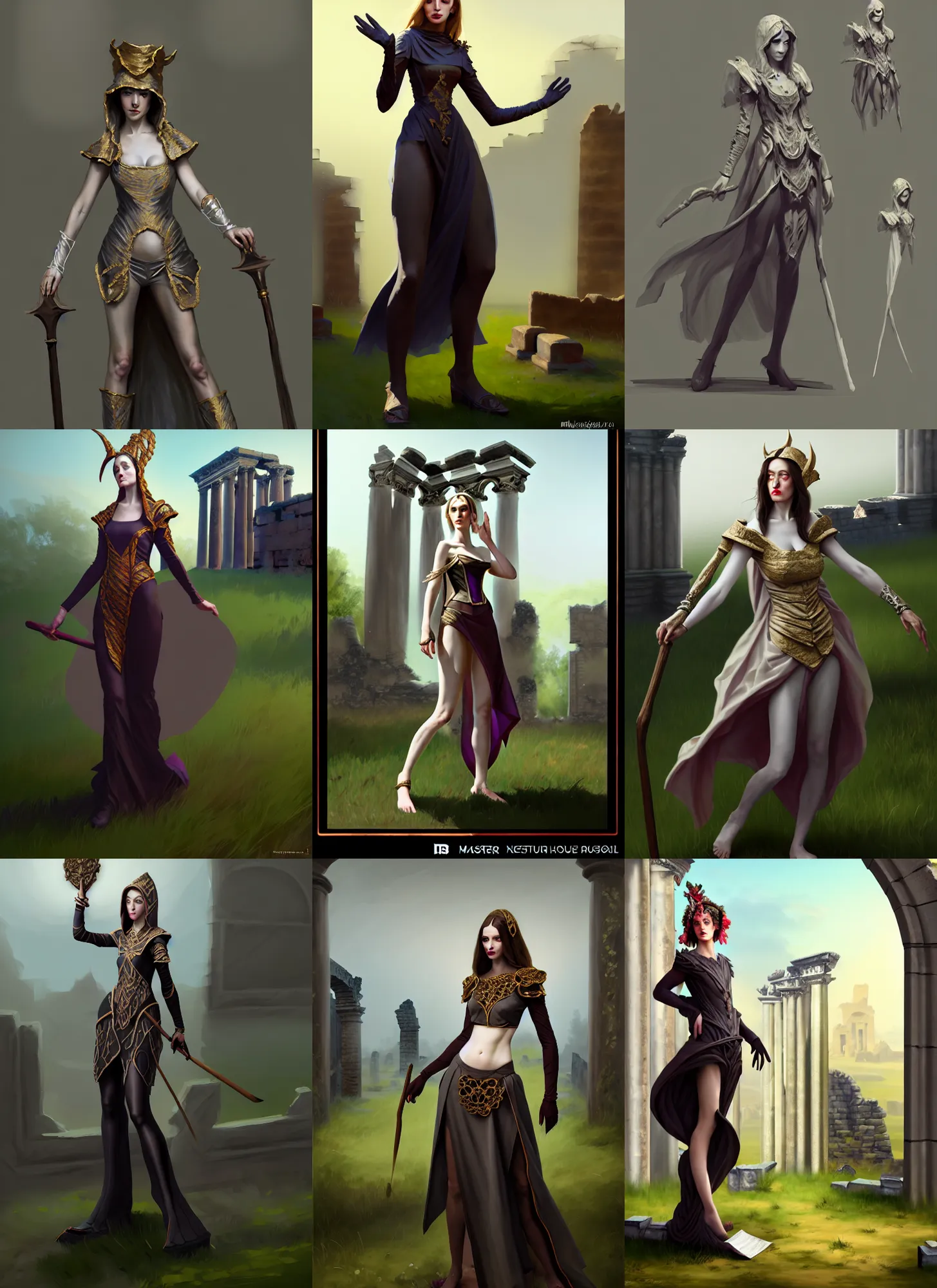 Prompt: traditional brushes strokes, costume design from luxury house designers, sophisticated composition, old masters light composition, procedurally generated, necromancer mage girl character posing for concept art, ancient ruins behind her, substance designer, PBR, HD, Ultra detailed, hyperrealistic, megascans, volumetric light, concept by master artist, made in paint tool SAI2, trending pixiv face