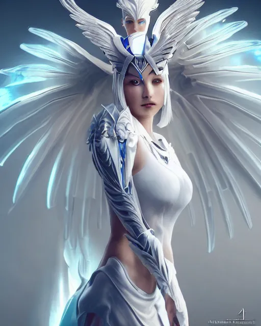 Image similar to perfect white haired egyptian goddess wearing white dove wings, warframe armor, regal, attractive, ornate, sultry, beautiful, dreamy, half asian, pretty face, blue eyes, detailed, scifi platform, 4 k, ultra realistic, epic lighting, android body, illuminated, cinematic, masterpiece, art by akihito tsukushi, voidstar, artgerm