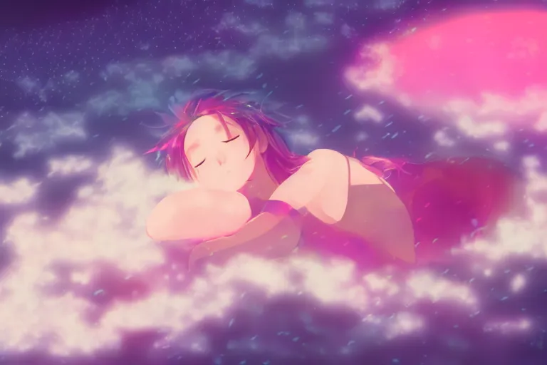 Image similar to a cute anime girl sleeping on a cloud, misty, glows, digital art, hazy, foggy, ambient lighting, 8 k, neon, synthwave,