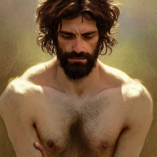 Image similar to portrait of the god of the meadow, 30 years old, rugged, male, gorgeous, detailed face, amazing, hairy torso, muscular, intricate, highly detailed, digital painting, artstation, concept art, sharp focus, illustration, art by greg rutkowski and alphonse mucha