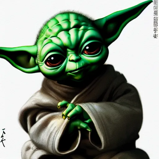 Image similar to illustration baby yoda sitting, by masamune shirow and greg rutkowski, character art, sharp focus, highly detailed, artstation