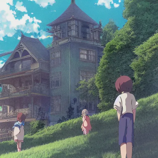 Image similar to childrens observing the evil mansion, water, by Dice Tsutsumi, Makoto Shinkai, Studio Ghibli