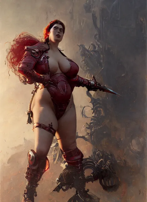 Prompt: beautiful karla lane bbw plumper big girl wearing tiny red steel armour, detailed by gaston bussiere, bayard wu, greg rutkowski, giger, maxim verehin, greg rutkowski, masterpiece, sharp focus, cinematic lightning