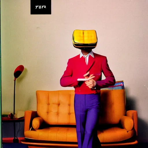 Image similar to a man wearing a high - tech vr helmet wearing a polyester suit from the 7 0 s, 7 0 s fashion, in a 7 0 s living room, magazine ad, professional photography, 3 5 mm