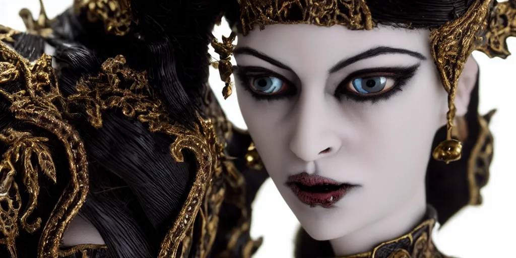 Image similar to photo taken of an epic intricate, ultra detailed, super realistic stop motion puppet of a majestic gracious regal aristocratic brunette female vampire and gothic filmset created by weta workshop, menacing, wide angle, full body shots, photorealistic, sharp focus, white wall, extremely cold blueish colour temperature, 3 5 mm, f 1. 4, golden ratio