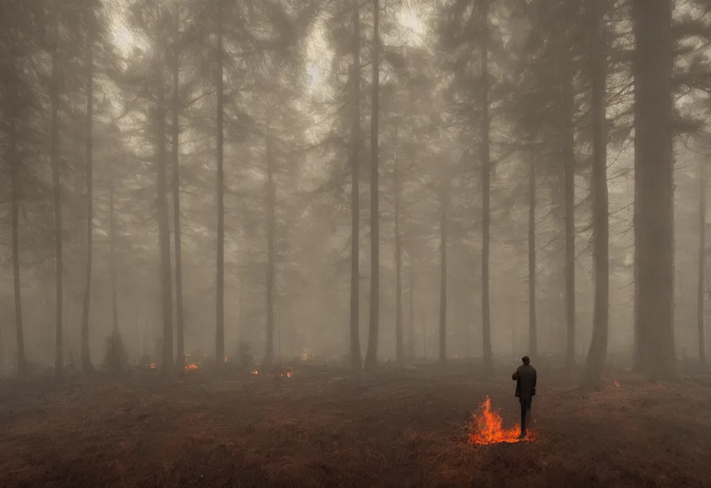 Prompt: a man in trench coat standing in front of a large forest wooden cabin that is on fire, night, foggy, gloomy, mysterious, artstation, jakub rozalski, high detail