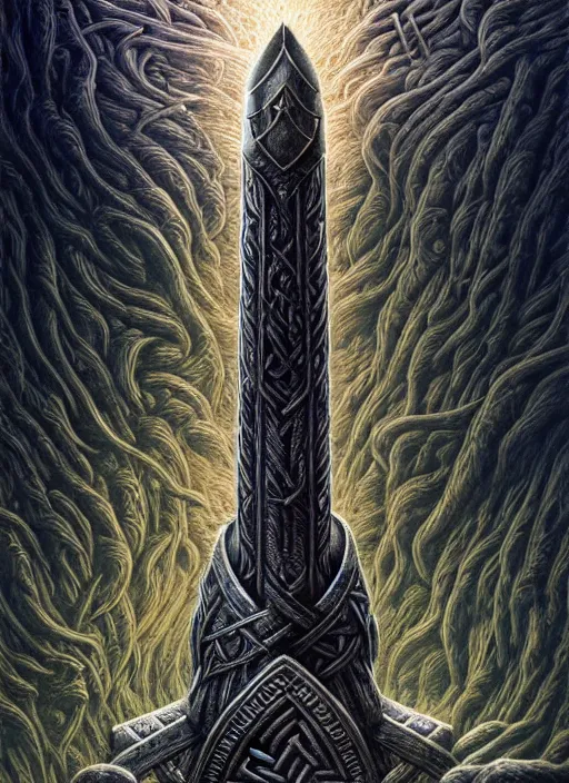 Image similar to hyper detailed ultra sharp mjollnir lightning hammer shape, epic aesthetic, doom, elden ring, stylized viking knotwork, masterpiece, elite, ornate, intricate, digital painting, concept art, smooth, sharp focus, illustration, art by zdizslaw beksinski and dan mumford, alexey egorov, felix englund