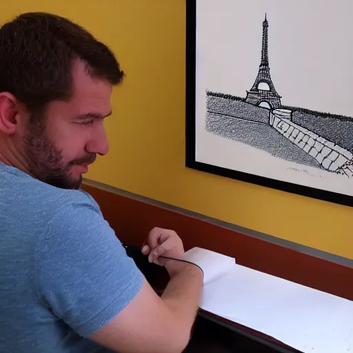 Image similar to a french guy drawing a picture of eiffle tower 8 k