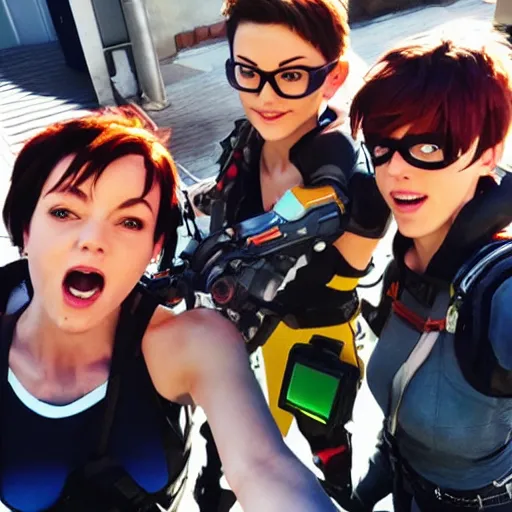 Image similar to tracer from overwatch smartphone selfie with friends