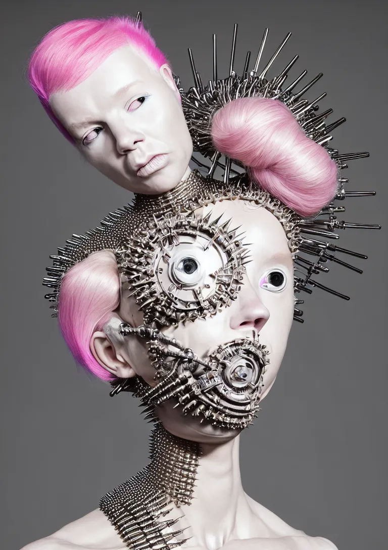 Image similar to portrait of a biomechanical goddess wearing a steel spikes studded iridescent beauty mask and pink hair buns, wearing a black bodysuit by alexander mcqueen, cream white background, soft diffused light, biotechnology, humanoid robot, perfectly symmetric, bjork aesthetic, translucent, by rineke dijkstra, intricate details, highly detailed, masterpiece,