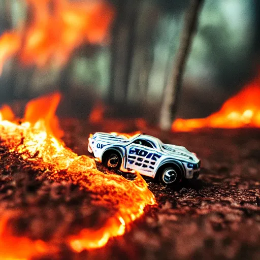 Image similar to macro photography of a toy hot wheels car driving through a forest fire, 3 5 mm