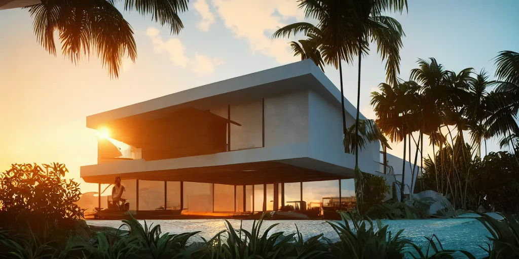 Prompt: modern house in a tropical setting, bamboo architecture, a view of the beach, sunset, photorealism, beautiful, cinematic dramatic atmosphere, volumetric cinematic perfect light, detailed octane render trending on artstation, 8 k, by chris hytha and jag studio