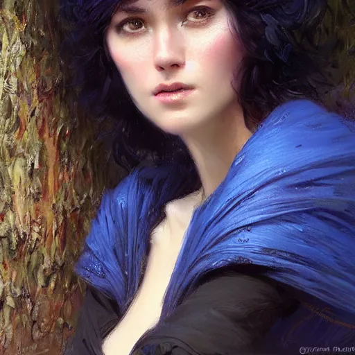 Prompt: portrait of a woman resting on a large tree, short black hair, decorative dark blue clothing, sharp focus, ultra realistic digital painting, colorful, cinematic lighting, high fantasy, intricate, highly detailed, smooth, elegant, gaston bussiere, bayard wu, greg rutkowski