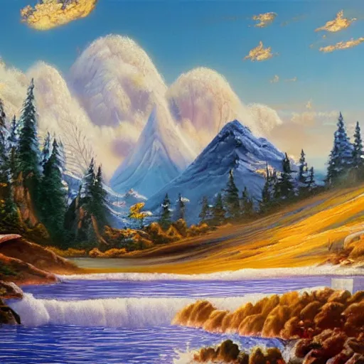 Image similar to bob ross painting, extreme realism, extremely detailed oil painting, highly detailed, abstract, 1 9 2 0's colored pencil art style, deep aesthetic, 8 k, highly ornate intricate details, cinematic lighting, rich colors, digital artwork, beautiful scenic view, ray tracing, hyperrealistic, photorealistic, cinematic landscape, trending on artstation, concept art,