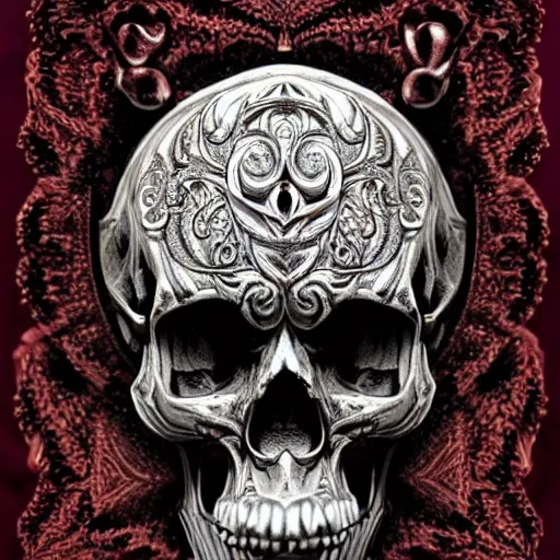 Prompt: human skull ornated, filigree, ornaments, 3 d design for tattoo, hypermaximalist, elegant, ornate, luxury, elite, symmetrical