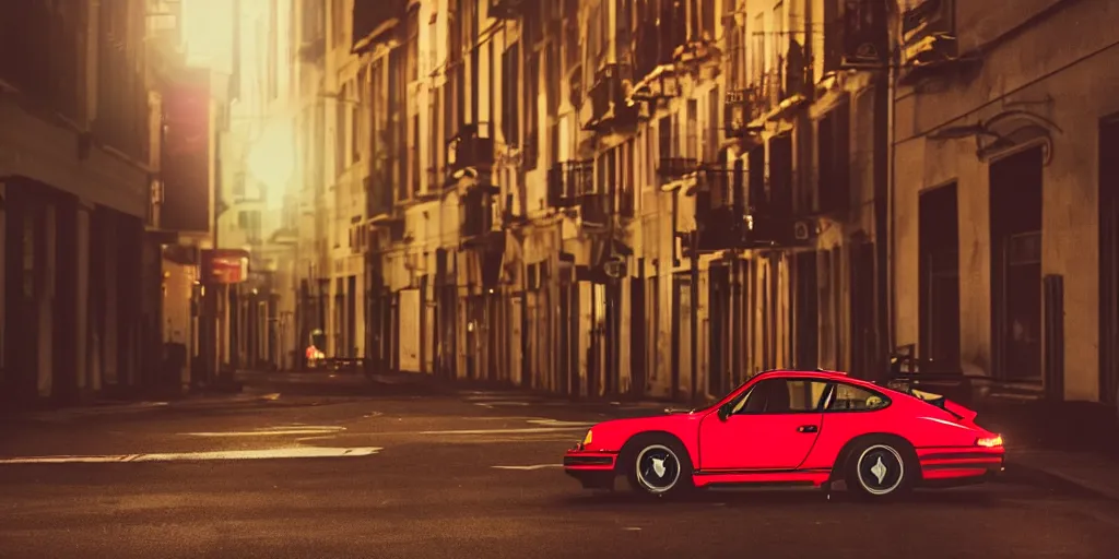 Prompt: Lone 80s red Porsche sports car on deserted city street at night time, purple lighted street, wide angle, cinematic, retro-wave vibes, grainy, soft motion blur, VHS Screencap