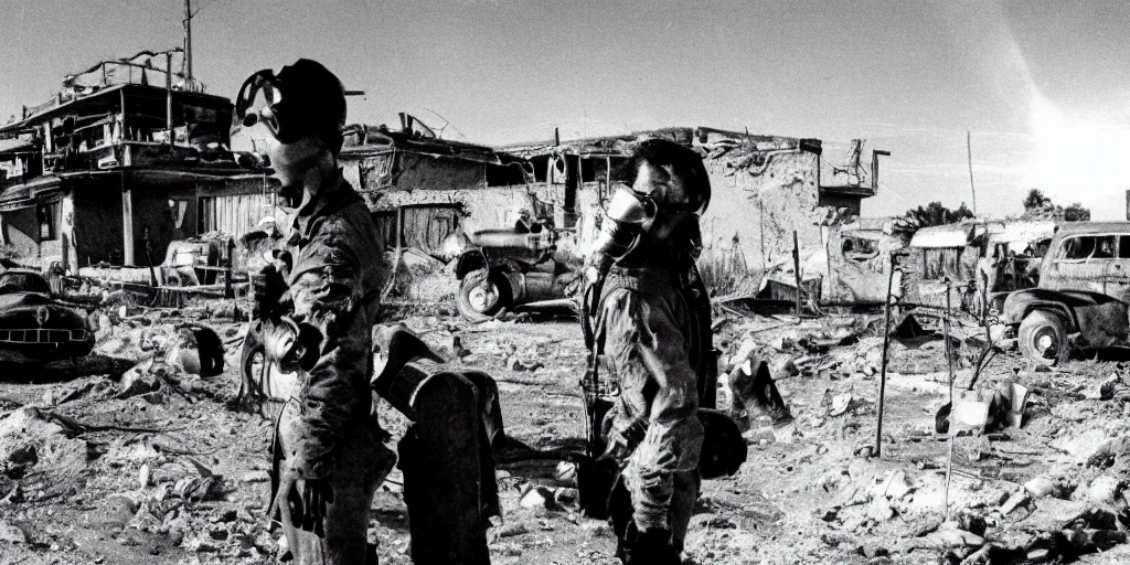 Image similar to portrait of irradiated post apocalyptic nuclear wasteland undead 1950s black and white award winning photo highly detailed Arriflex 35 II, lighting by stanley kubrick