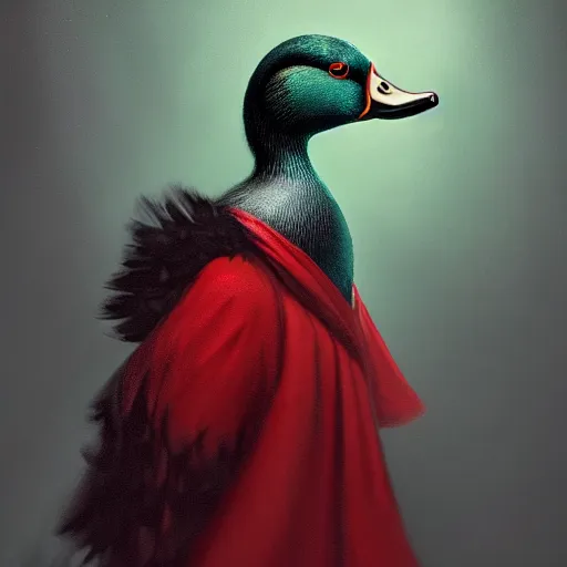 Image similar to portrait of cute mallard duck with black feathers, wearing cultist red robe, inside a castle, black feathers, glowing arcane eyes, ultra detailed, expressive oil painting digital art, octane render, trending on art station,