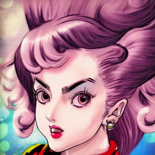 Prompt: beautiful little girl, profile picture, vintage fashion, highly detailed, reflection, 8 k, realistic artwork, hd, inspired by jojo bizarre adventure, 9 0 s anime art style, elegant, makeup