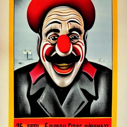 Image similar to communist clown portrait, soviet propaganda style, poster, pitin