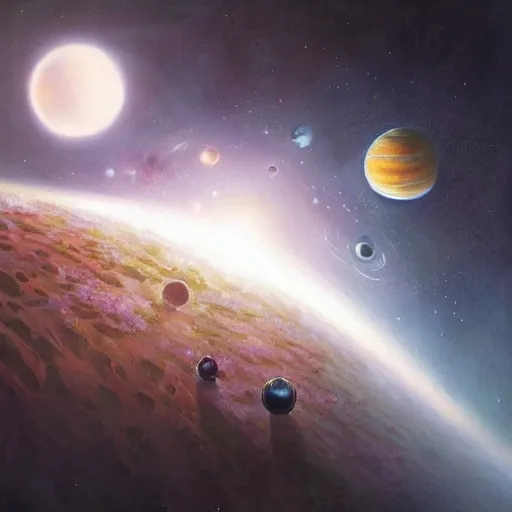 Prompt: A beautiful painting of a five planets, by greg rutkowski and Daniel Oxford, There are five planets that are black, white, yellow, red, and blue, behind the galaxy and the universe, Trending on artstation.