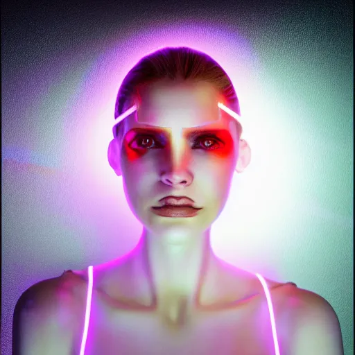 Prompt: a portrait of a female cyborg, fashion, streak lights, ligjt trail, color gel, photogtaphy, canon r 5, glowing, white background, 3 d render, unreal engine, white body suit, futuristic