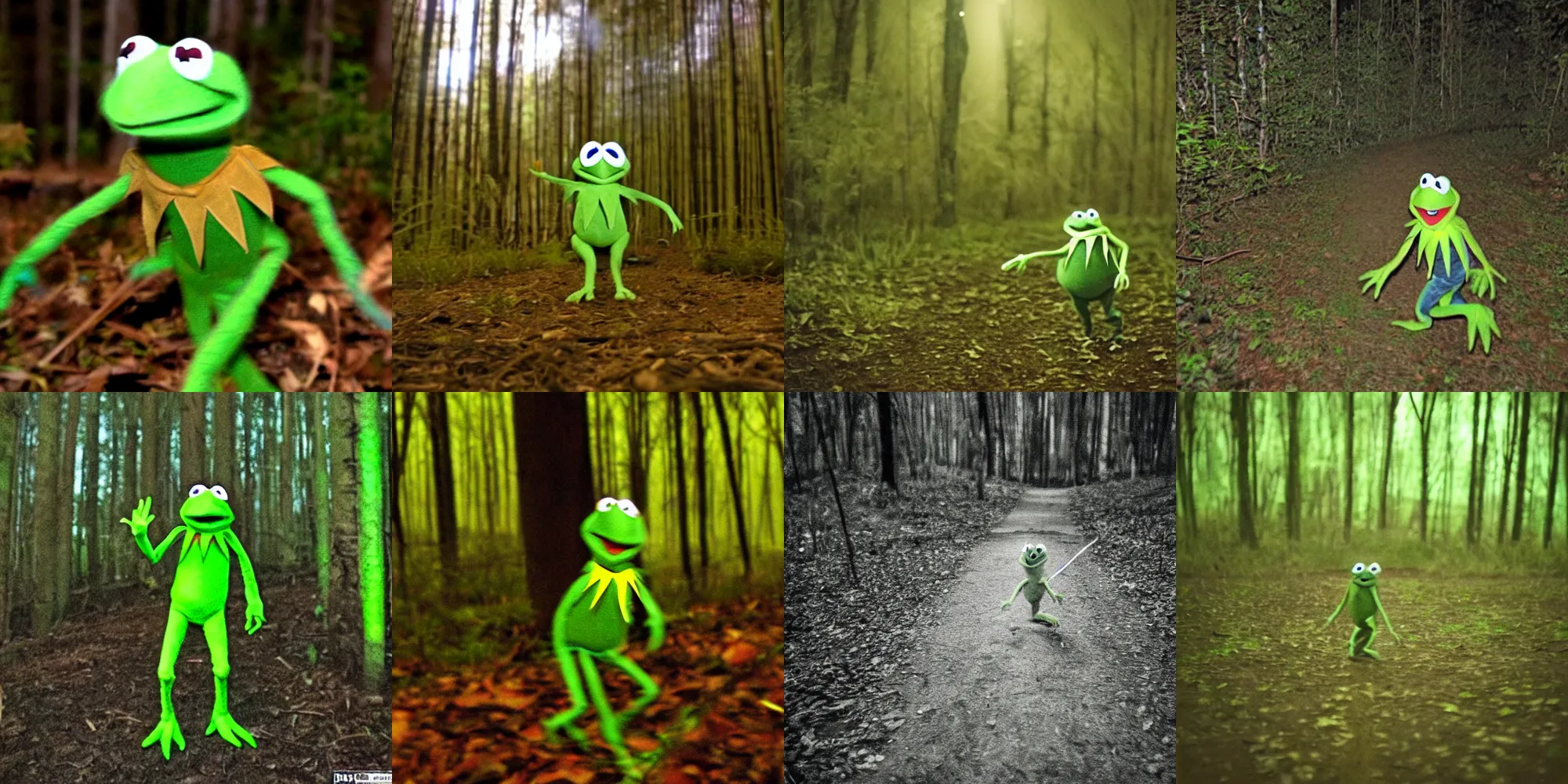 Prompt: scary trailcam photo of kermit the frog at night walking in the forest. blury