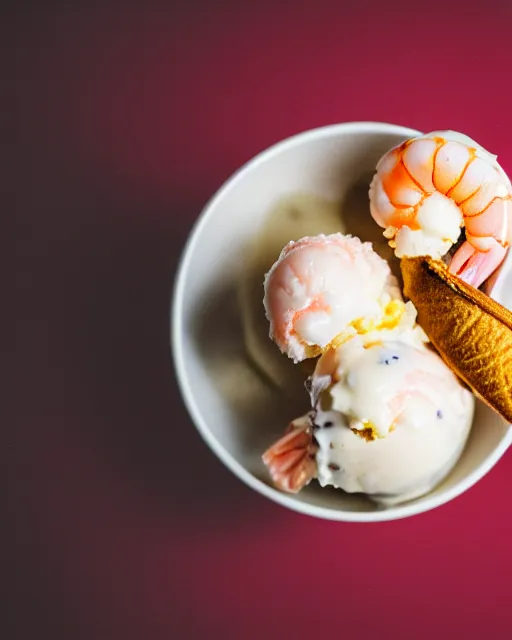 Prompt: dslr food photograph of an ice cream desert with a shrimp on. 8 5 mm f 1. 4