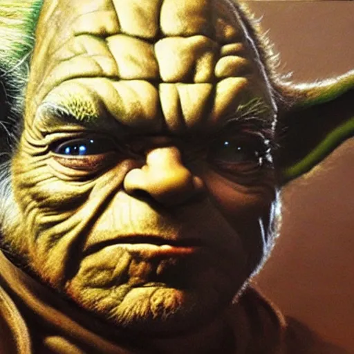 Image similar to ultra realistic portrait painting oftommy lee jones as yoda, art by frank frazetta, 4 k, ultra realistic, highly detailed, epic lighting