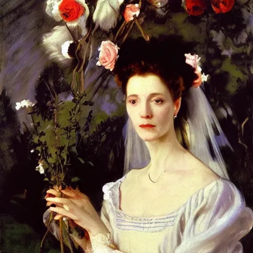 Prompt: a portrait of a witch with a sacred halo behind her head and a buquet of roses, wearing an elizabethan ruff, by john singer sargent