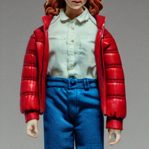 Prompt: official Stranger Things Eleven Millie Bobby Brown figurine, macro photo on white background, very detailed, 4K, field depth, studio lighting
