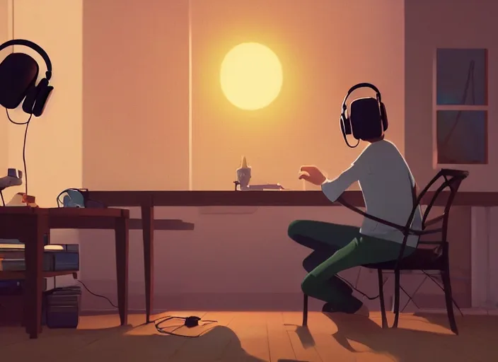 Image similar to man with headphones at his home studio producing music late at night, very detailed, 4 k, cory loftis, james gilleard, atey ghailan, makoto shinkai, goro fujita, studio ghibli, rim light, exquisite lighting, clear focus, very coherent, masterpiece