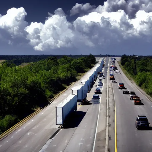 Image similar to photo, 5 0 mm, interstate traffic jam, scattered clouds, midday sun,