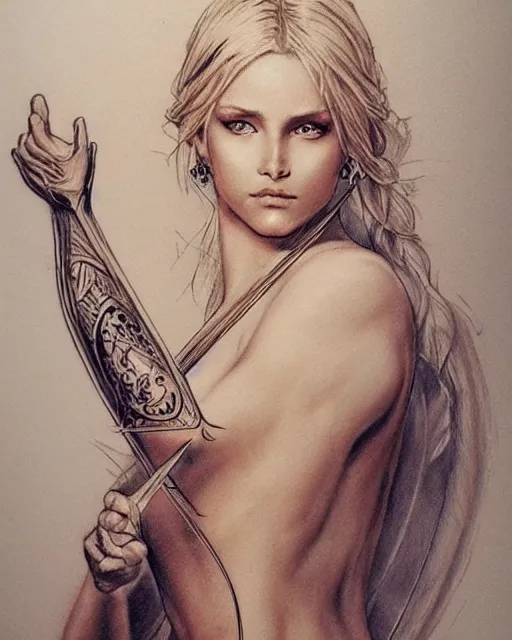 Image similar to tattoo sketch of beautiful greek goddess aphrodite, bow and arrow, beautiful piercing eyes, flowing blonde hair, realistic face, hyper realistic, in the style of greg rutkowski, fantasy, amazing detail, epic, intricate, elegant, smooth, sharp focus