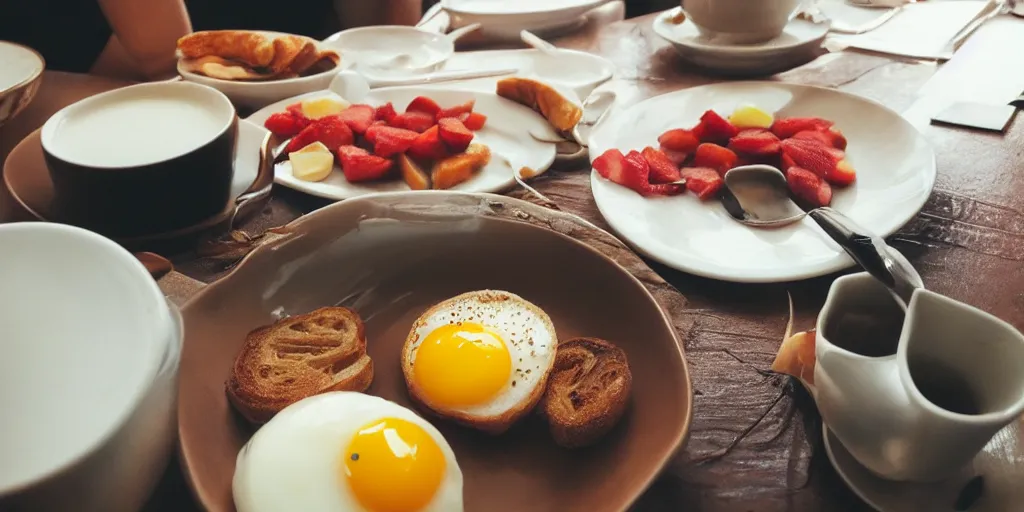 Image similar to photo of breakfast, close - up, low saturation, diffuse light, feels like everyday life