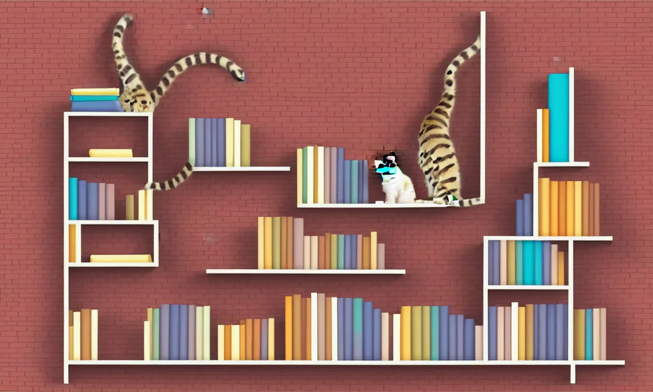 Prompt: bookshelf with a cat, brick streets, nordic pastel colors, 3 d art, digital illustration, perfect lighting